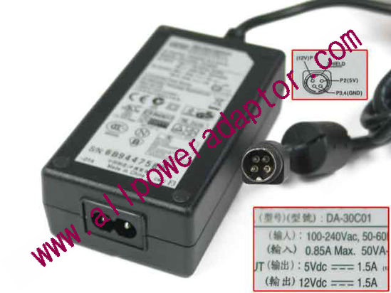 APD / Asian Power Devices DA-30C01 AC Adapter 5V-12V 12V 1.5A, 5V 1.5A, 4-Pin DIN, 2-Prong, New - Click Image to Close