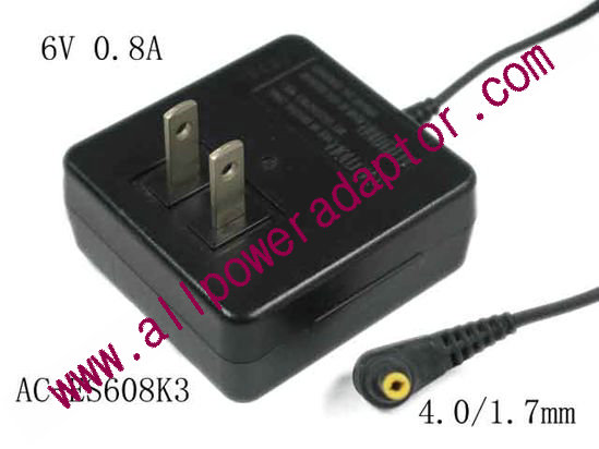 Sony AC Adapter 5V-12V 6V 0.8A, Barrel 4.0/1.7mm, US 2-Pin Plug