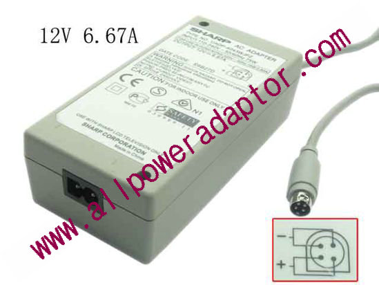 Sharp AC Adapter 5V-12V 12V 6.67A, 4-Pin Din, 2-Prong, New