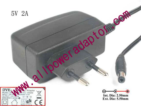 DVE DSA-12PFA-05 AC Adapter 5V-12V 5V 2A, Barrel 5.5/2.5mm, EU 2-Pin Plug