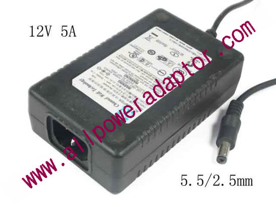 CWT AC Adapter 5V-12V PAA060F, 60W, 12V 5A, Barrel 5.5/2.5mm, IEC C14