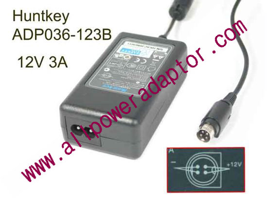 Huntkey ADP036-123B AC Adapter 5V-12V 12V 3A, 4-Pin Din, 2-Prong - Click Image to Close