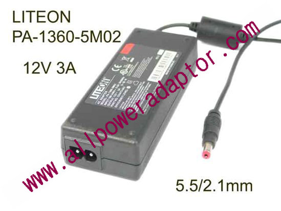 LITE-ON PA-1360-5M02 AC Adapter 5V-12V 12V 3A, 5.5/2.1mm, 2-Prong - Click Image to Close