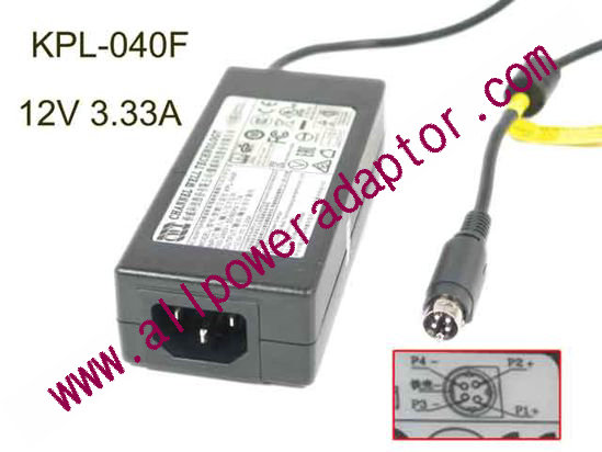 CWT / Channel Well Technology KPL-040F AC Adapter 5V-12V 12V 3.33A, 4P P1P4=V , C14, New