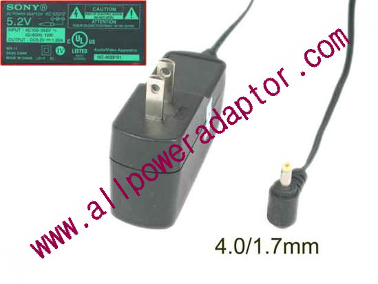 Sony AC Adapter 5V-12V 5.2V 1.25A, Barrel 4.0/1.7mm, US 2-Pin Plug