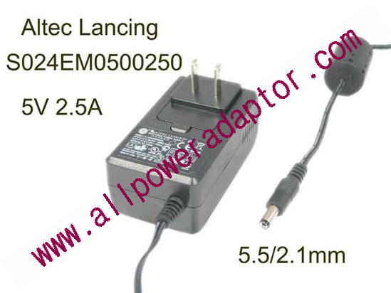 Altec Lancing S024EM0500250 AC Adapter 5V-12V 5V 2.5A, Barrel 5.5/2.1mm, US 2-Pin Plug,New - Click Image to Close