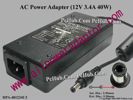 ViewSonic AC Adapter 5V-12V HPA-401234U3 CO-A28, 12V 3.4A, Tip-C, (IEC C14) - Click Image to Close