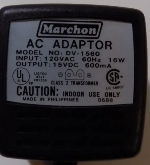 *Brand NEW*Marchon 15VAC 600mA AC/DC Adaptor Model NO. DV-1560 120V AC 60Hz 16W Class 2 Transformer Power Supp - Click Image to Close