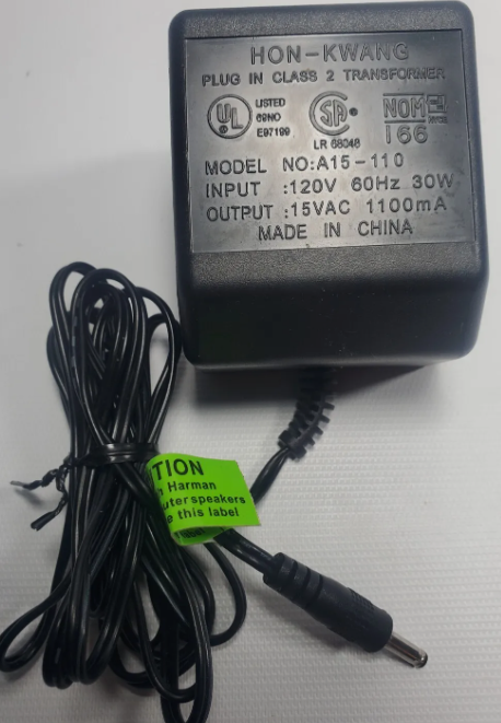 *Brand NEW*Genuine Hon-Kwang A15-110 15V 1100mA 30W AC Adapter Class 2 Transformer Charger Power Supply - Click Image to Close