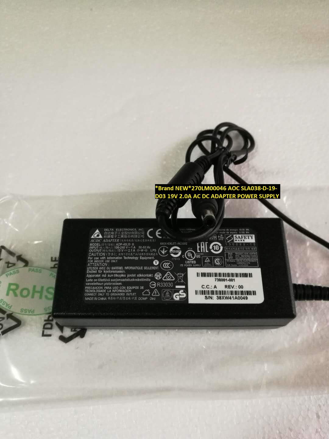 *Brand NEW*19V 2.0A 270LM00046 AOC SLA038-D-19-D03 AC DC ADAPTER POWER SUPPLY