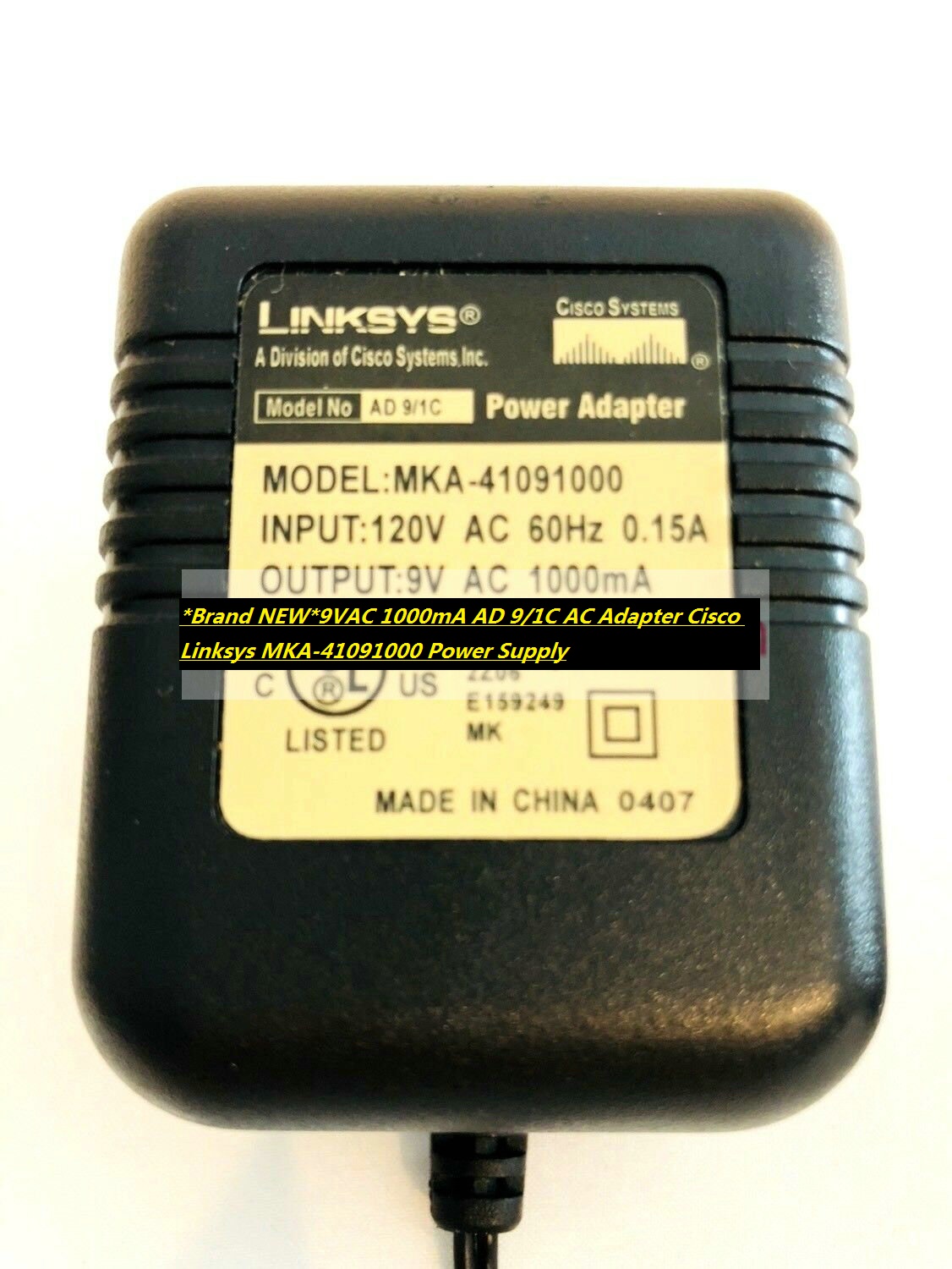 *Brand NEW*9VAC 1000mA AD 9/1C AC Adapter Cisco Linksys MKA-41091000 Power Supply